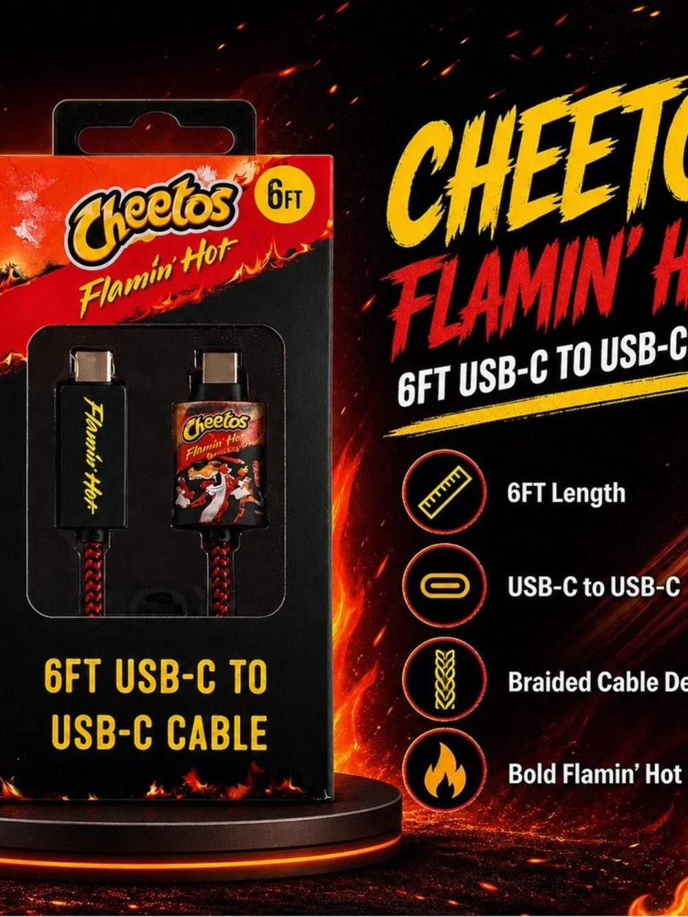 Cheetos Flamin' Hot 6FT USB-C to USB-C Cable - Red & Black